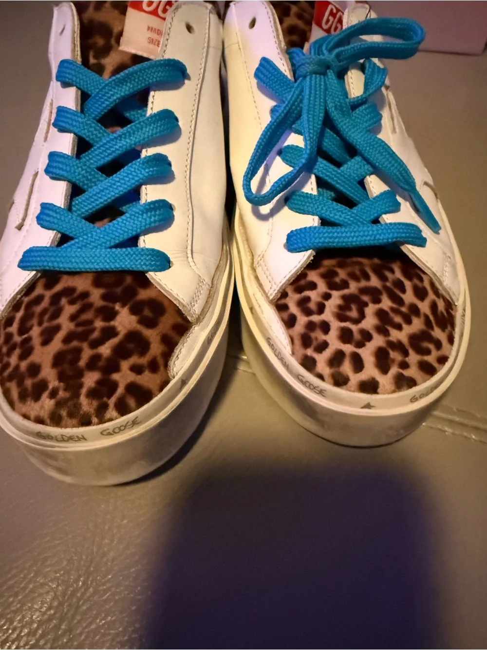 Golden Goose Hi Star Leopard Accent Sneakers with Blue Laces